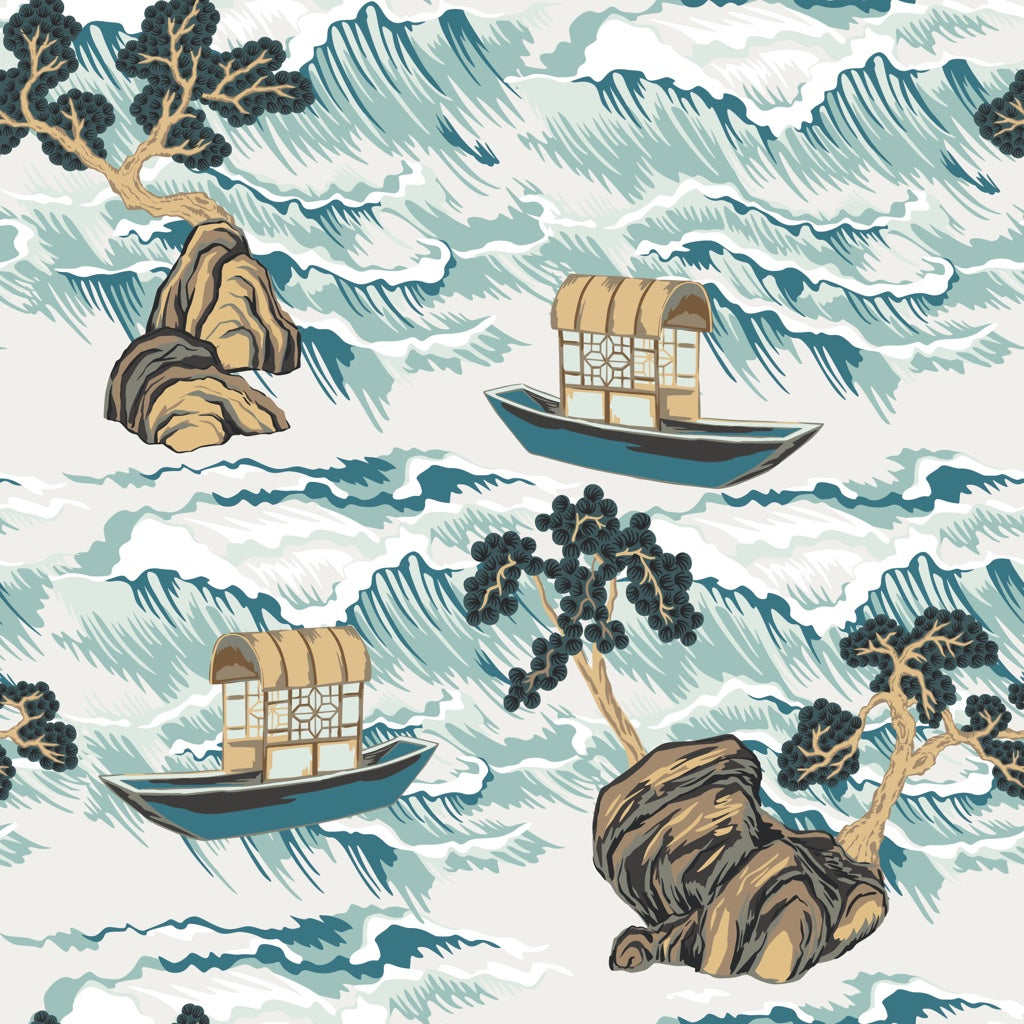 Cream Teal Japanese Landscape Art Wallpaper pattern artwork