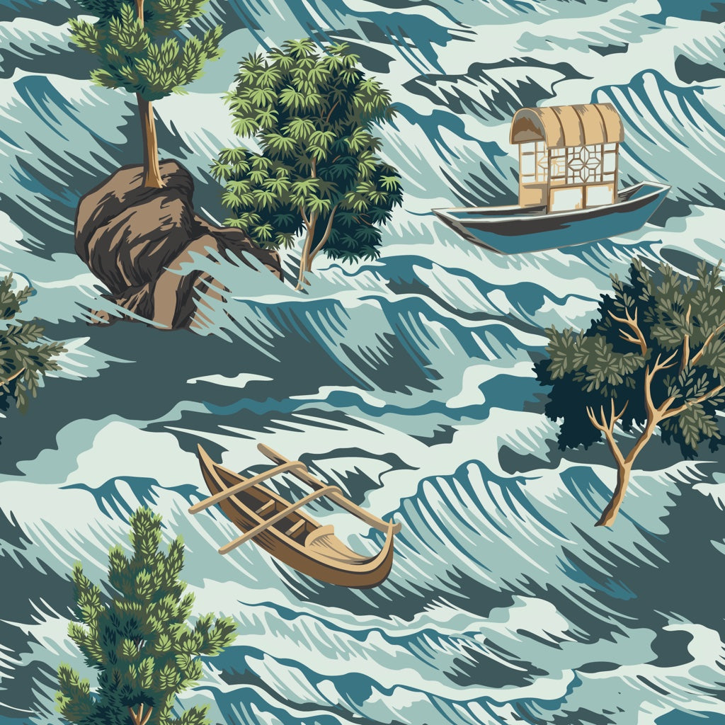 Blue and Green River Landscape Wallpaper pattern artwork