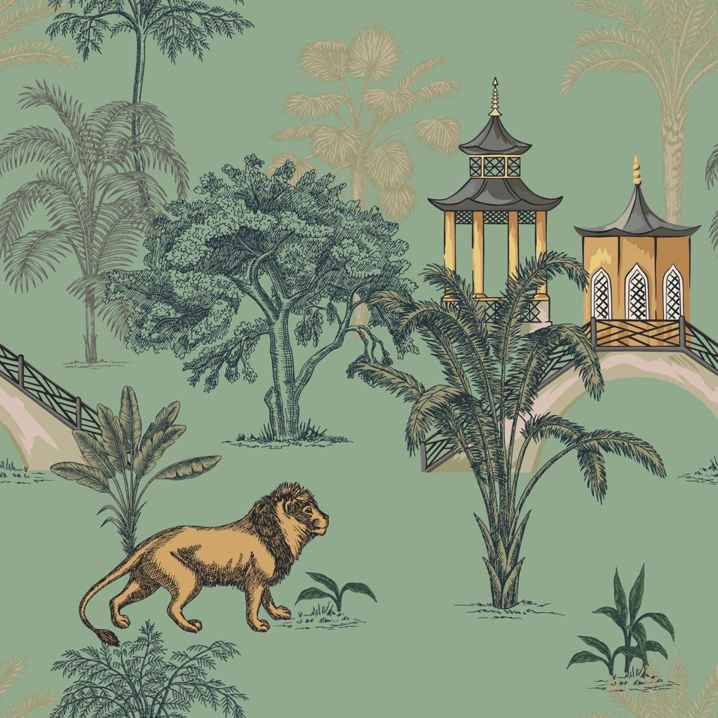 Mint Green Chinoiserie Lion and Pagoda Wallpaper pattern artwork