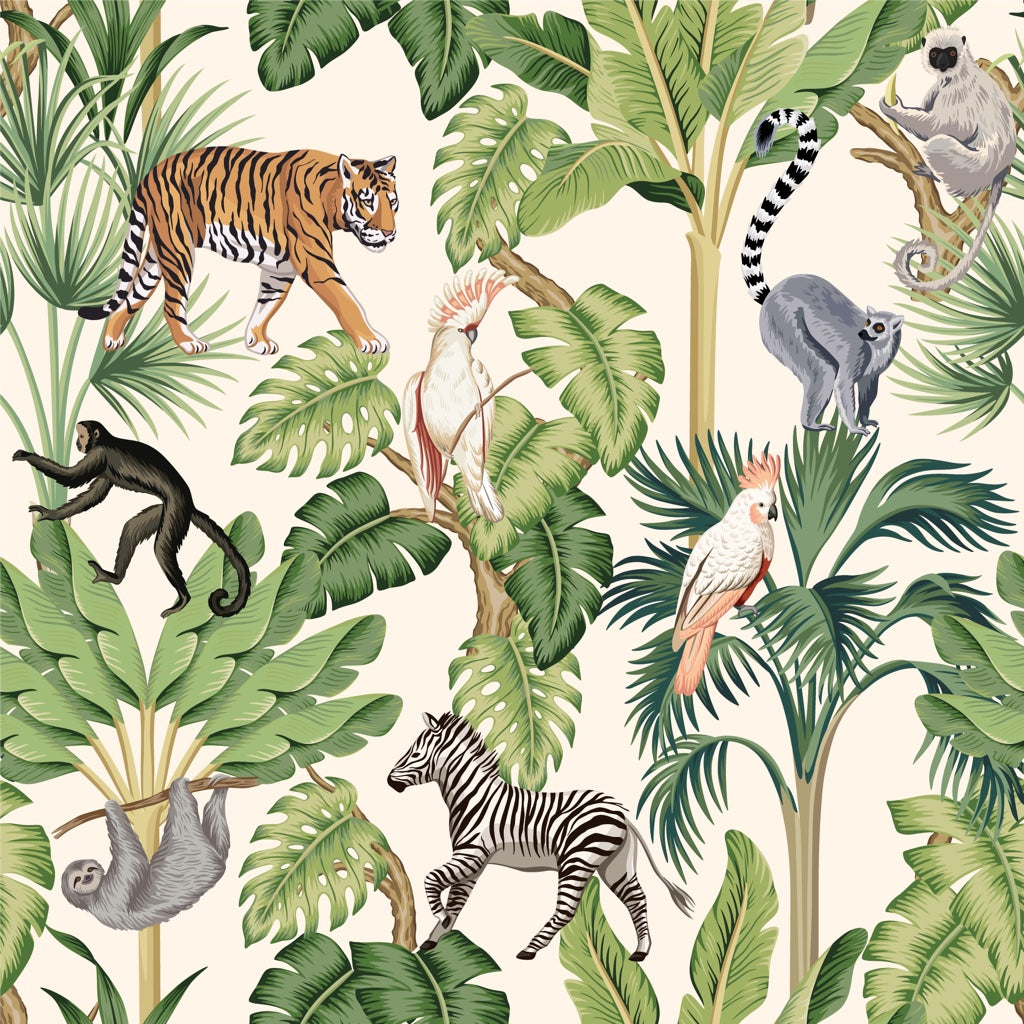 Cream Jungle Safari Animal Wallpaper pattern artwork