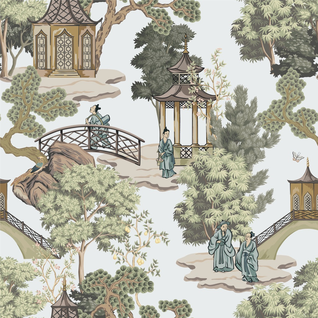 White and Green Chinoiserie Landscape Wallpaper pattern artwork