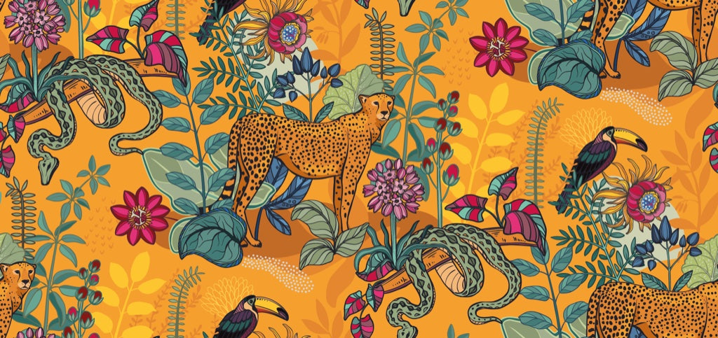 Vibrant Orange Jungle Wildlife Wallpaper pattern artwork