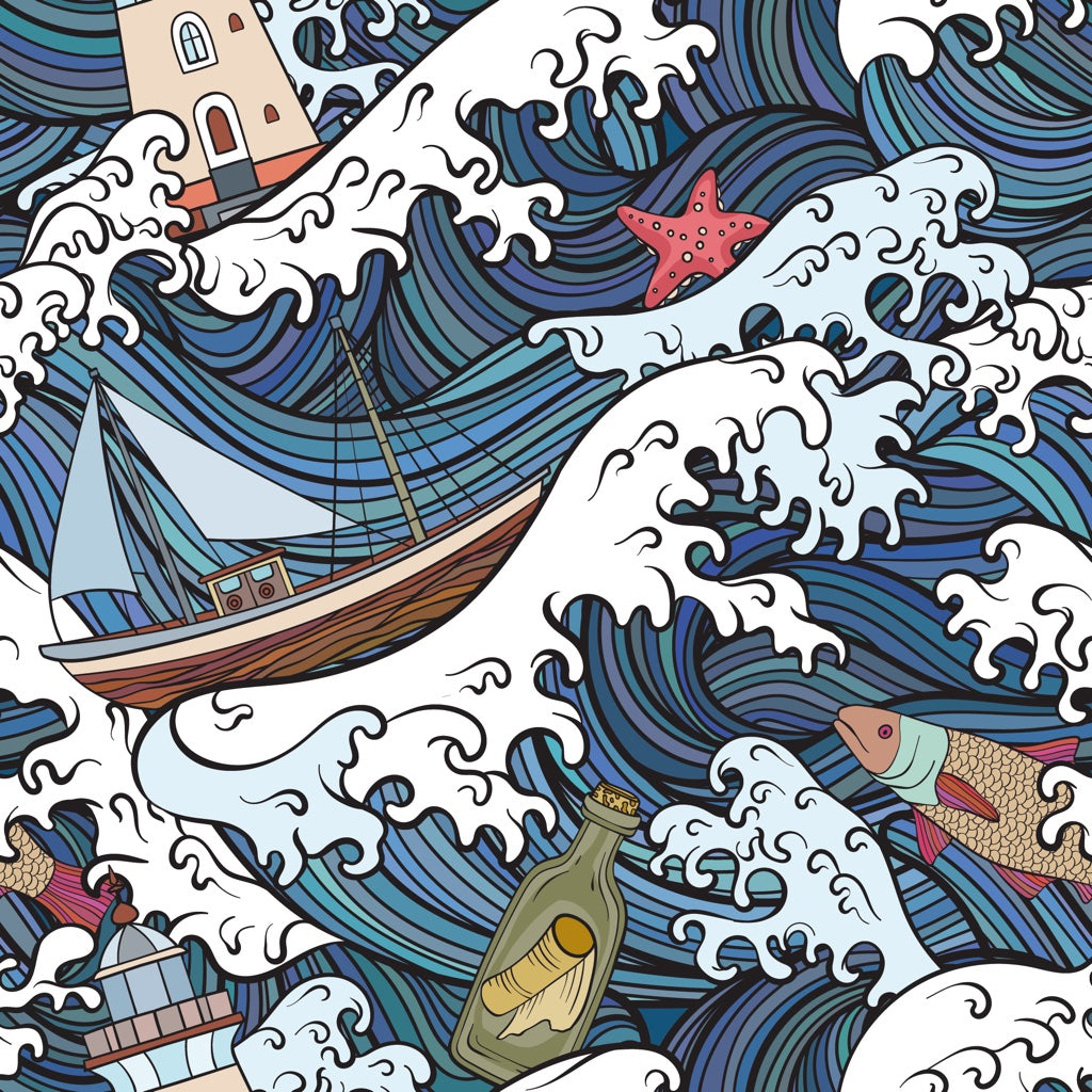 Nautical Waves and Boats Pattern Wallpaper pattern artwork