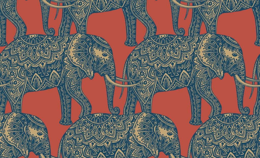 Terracotta and Blue Elephant Pattern Wallpaper pattern artwork