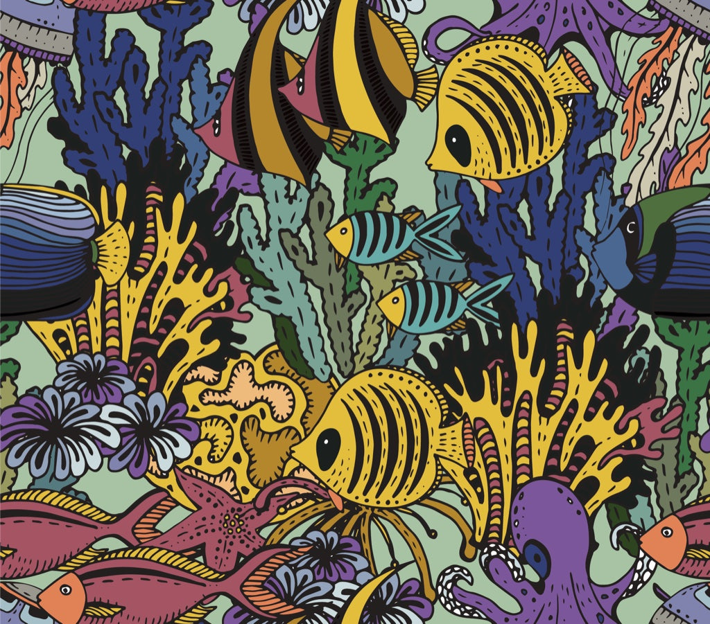 Vibrant Underwater Coral Reef Fish Wallpaper pattern artwork