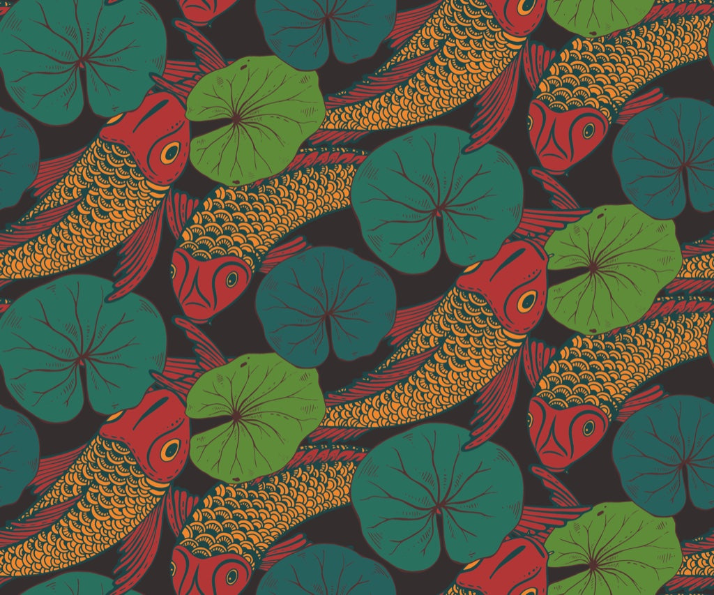 Bold Koi Fish and Lotus Leaf Wallpaper pattern artwork