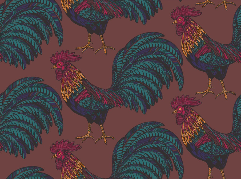 Deep Burgundy Rooster Pattern Wallpaper pattern artwork