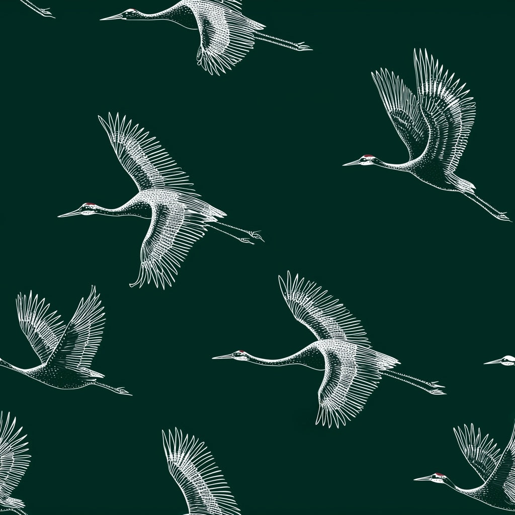 Cranes Wallpaper Dark Green Minimalist Wall Decor pattern artwork