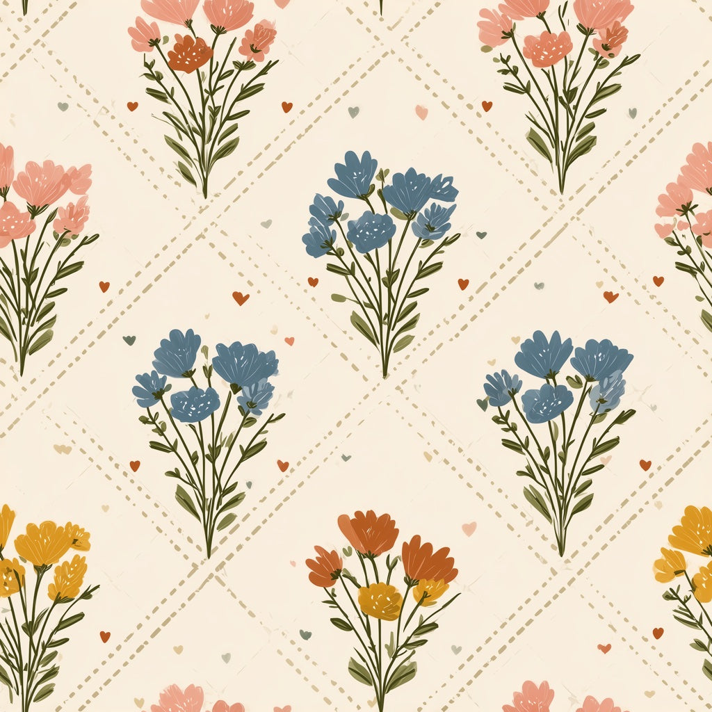 Floral Bouquets Wallpaper Wildflowers Removable Cream Background Wall Art pattern artwork