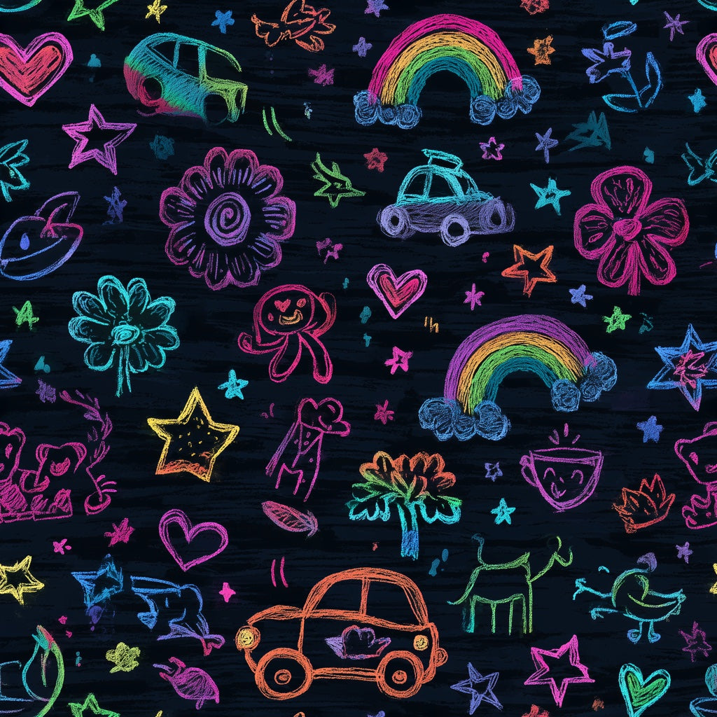 Dark Chalkboard Wallpaper Neon Doodles Kids Drawing Decorative Mural pattern artwork