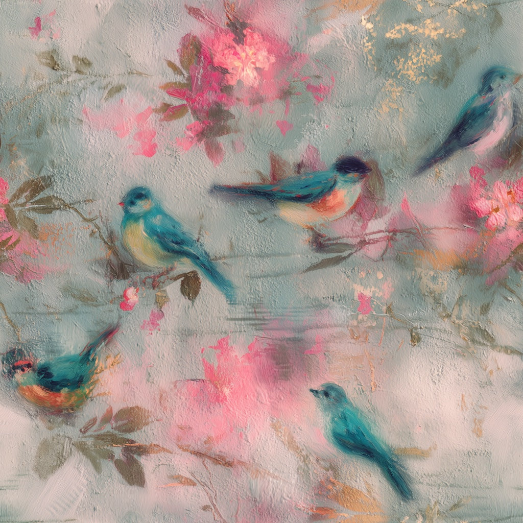Birds Wallpaper Floral Blossoms Teal Blue Decorative Mural pattern artwork