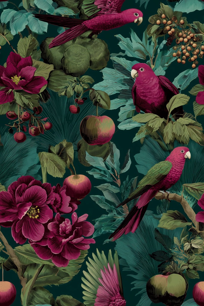 Vintage Parrots Wallpaper Eclectic Floral Decorative Mural pattern artwork