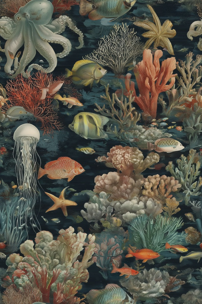 Marine Life Wallpaper Underwater Vintage Wall Decor pattern artwork
