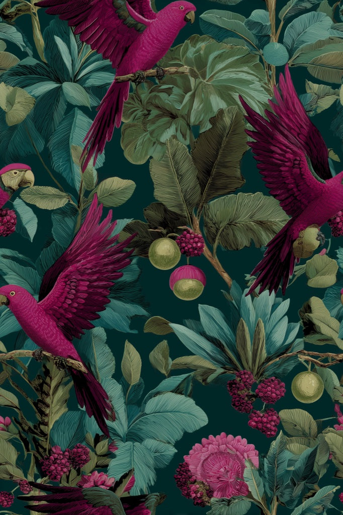Tropical Parrots Wallpaper Foliage Vintage Wall Decor pattern artwork