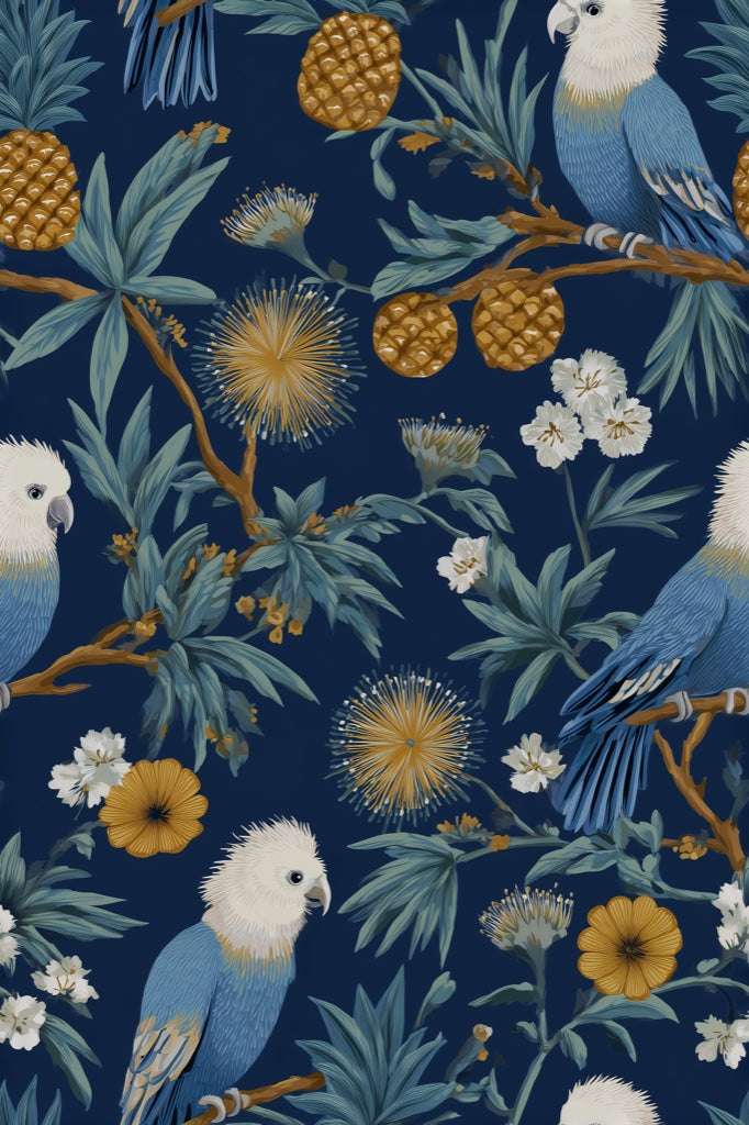 Navy Parrots Wallpaper Floral Exotic Removable Wall Decor pattern artwork