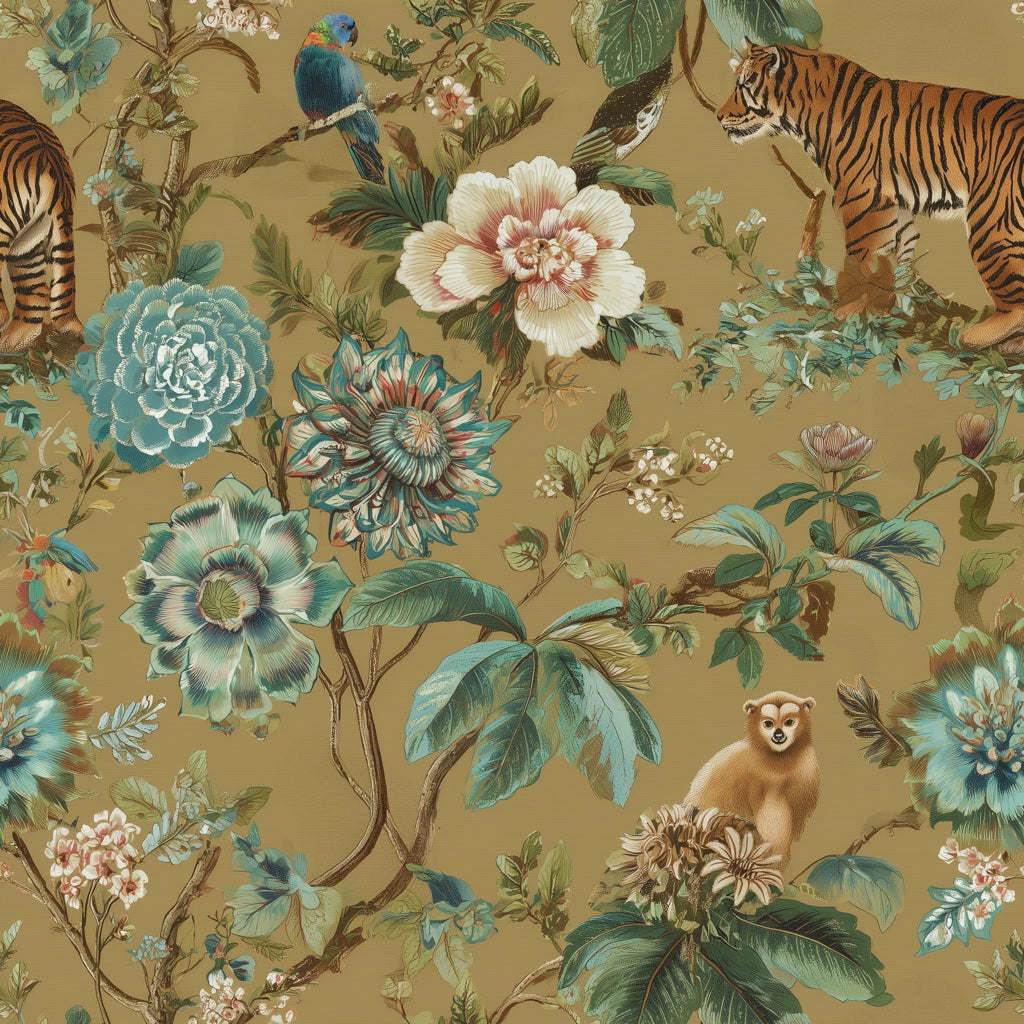 Floral Wallpaper Tiger Exotic Decorative Mural pattern artwork