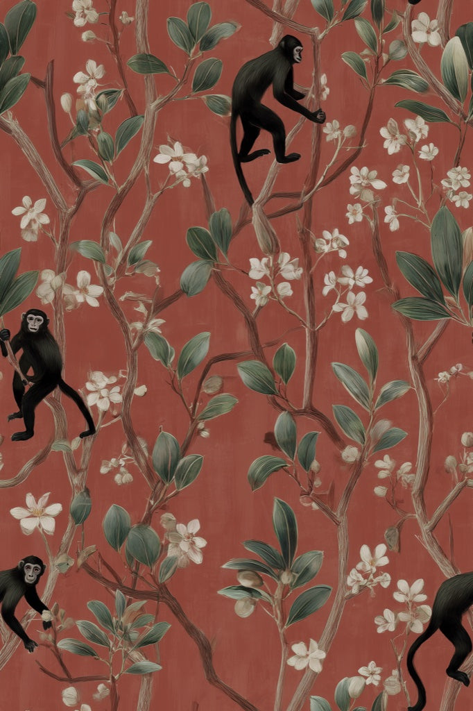 Exotic Monkeys Wallpaper Detailed Floral Decorative Mural pattern artwork