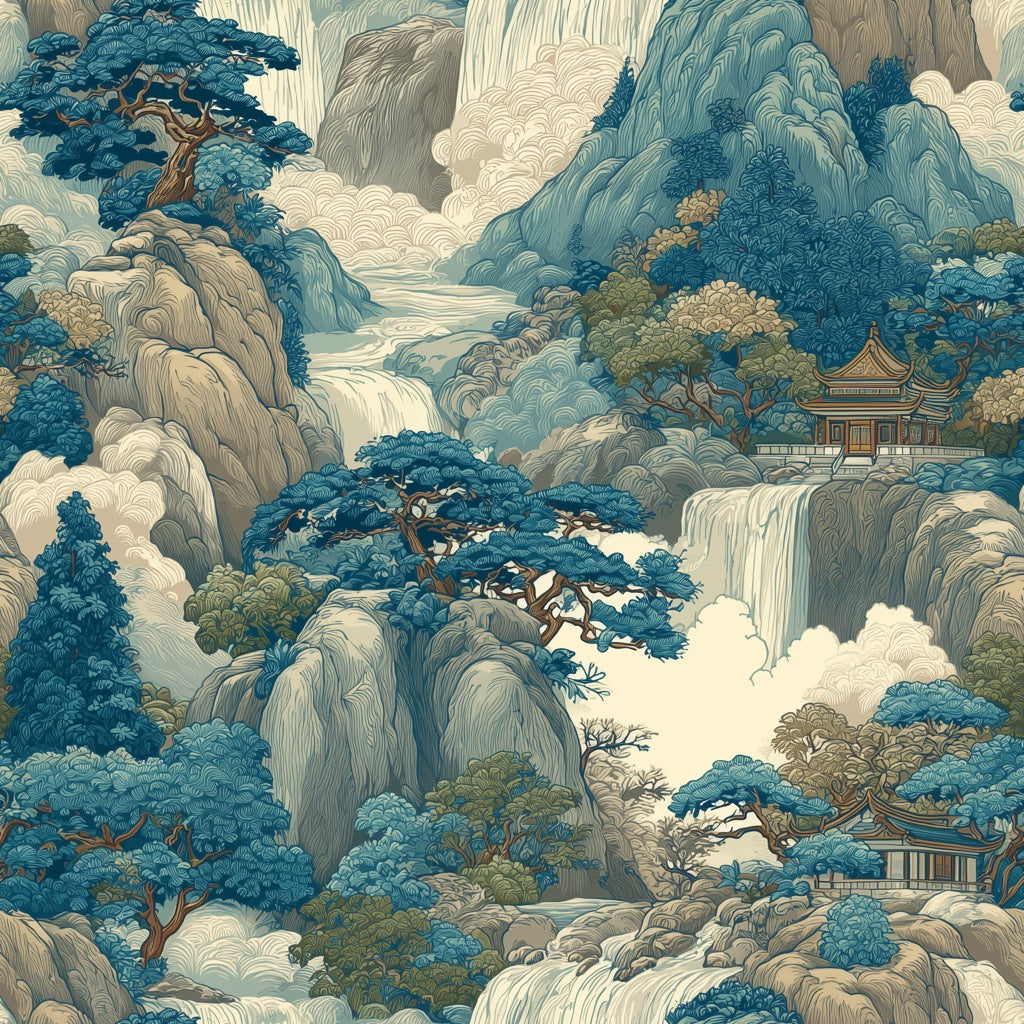 Traditional Landscape Wallpaper Asian Vintage Wall Mural pattern artwork