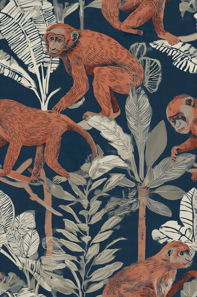 Monkeys Wallpaper Tropical Navy Decorative Mural pattern artwork