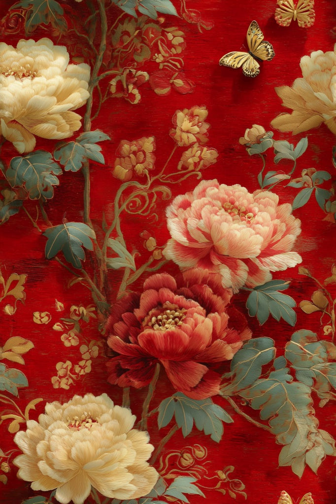 Oriental Vintage Wallpaper Butterfly Floral Decorative Mural pattern artwork
