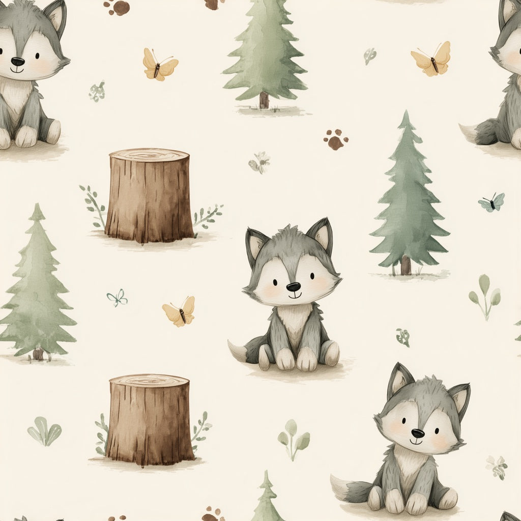 Whimsical Woodland Wallpaper Cartoon Removable Wolves Wall Decor pattern artwork