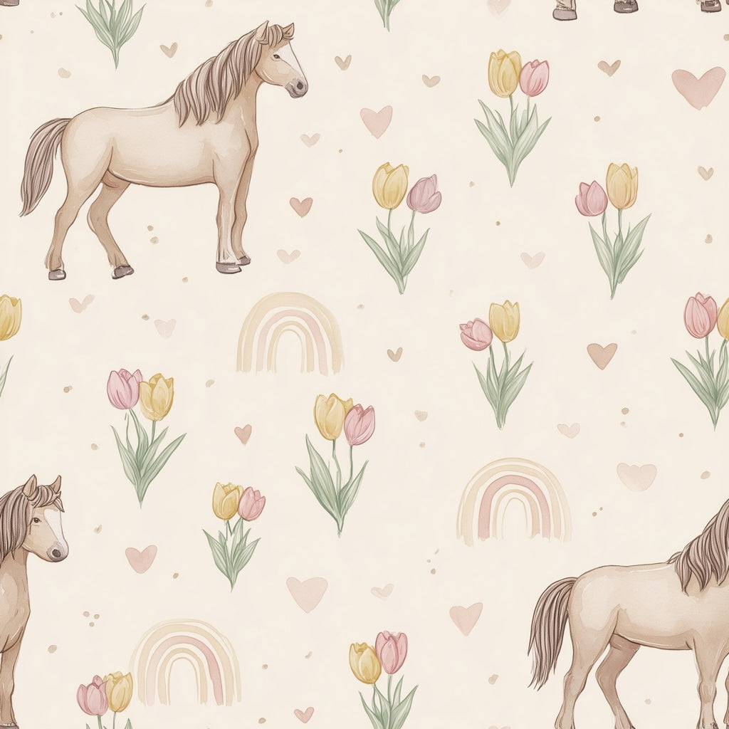Horses Wallpaper Tulips Hearts Decorative Mural pattern artwork