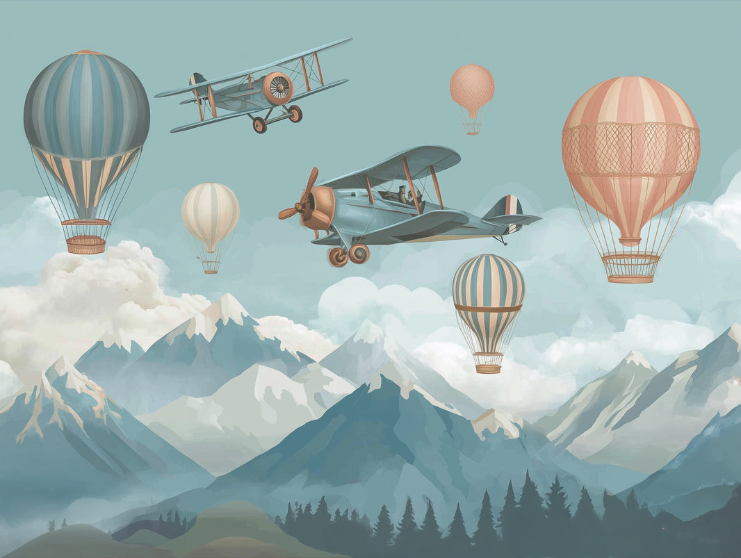 Vintage Wallpaper Hot Air Balloons Biplanes Removable Wall Decor pattern artwork
