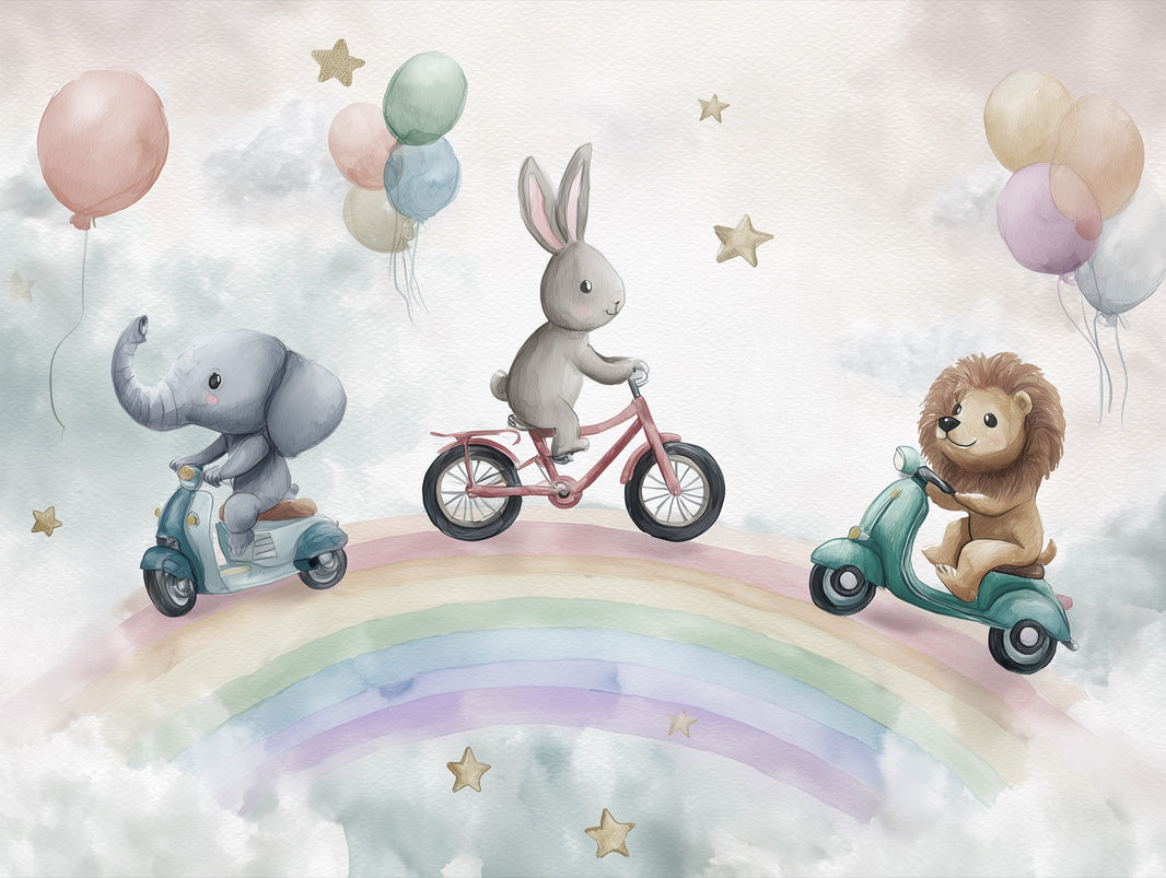 Whimsical Animals Wallpaper Rainbow Balloons Wall Mural pattern artwork