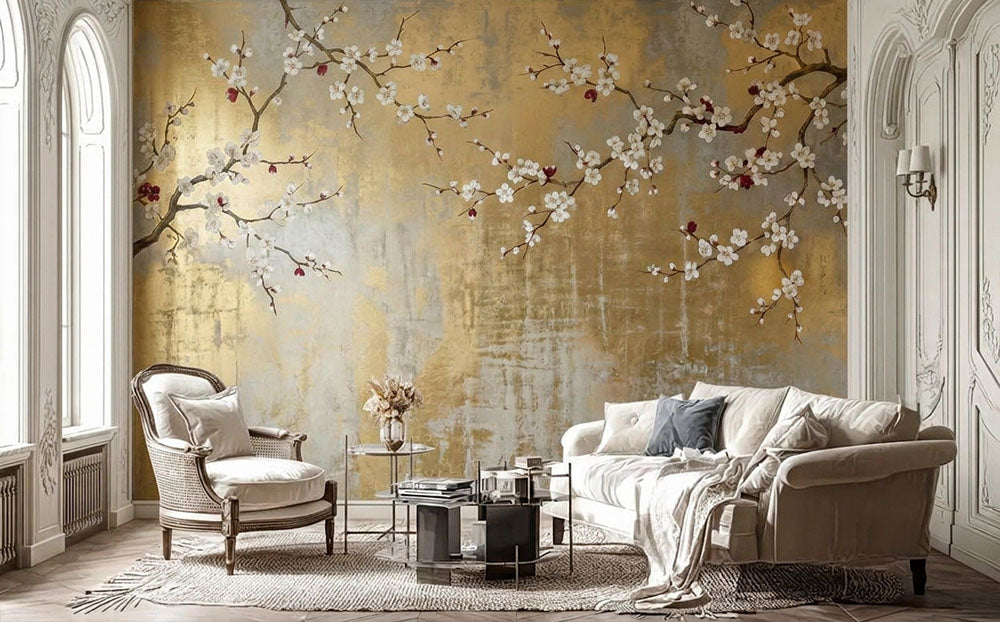 The same living room with a wall mural visualized on the wall