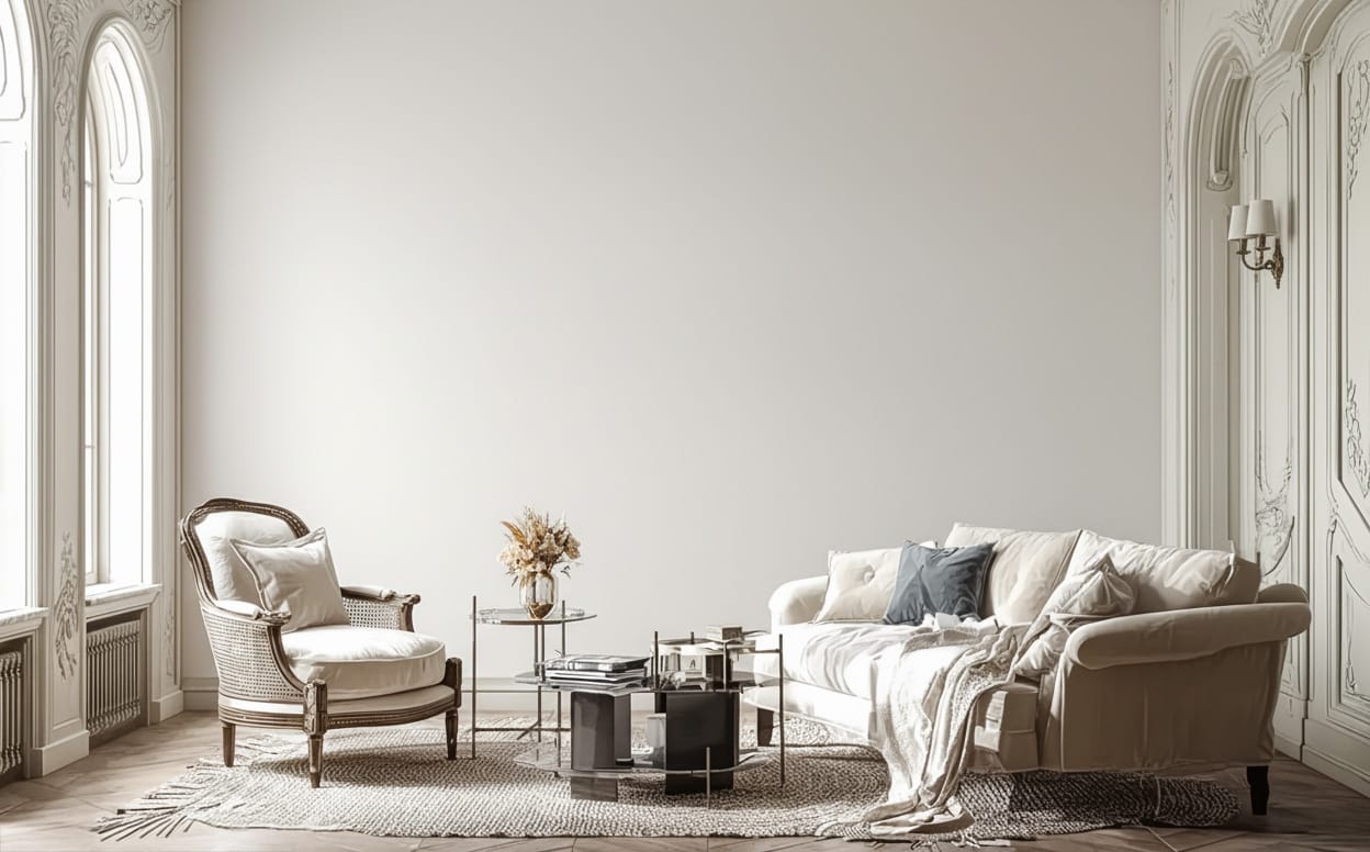 Living room wall before a mural is applied