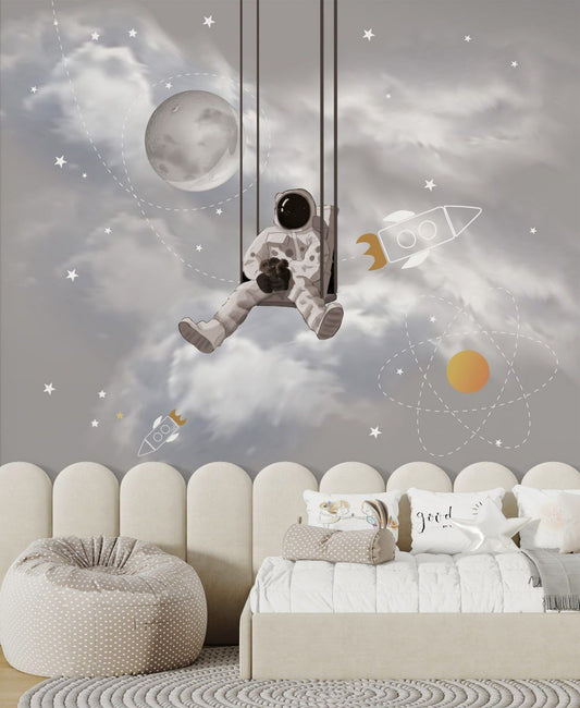 Astronaut Wallpaper Space Swing Moon Rocket Wall Mural