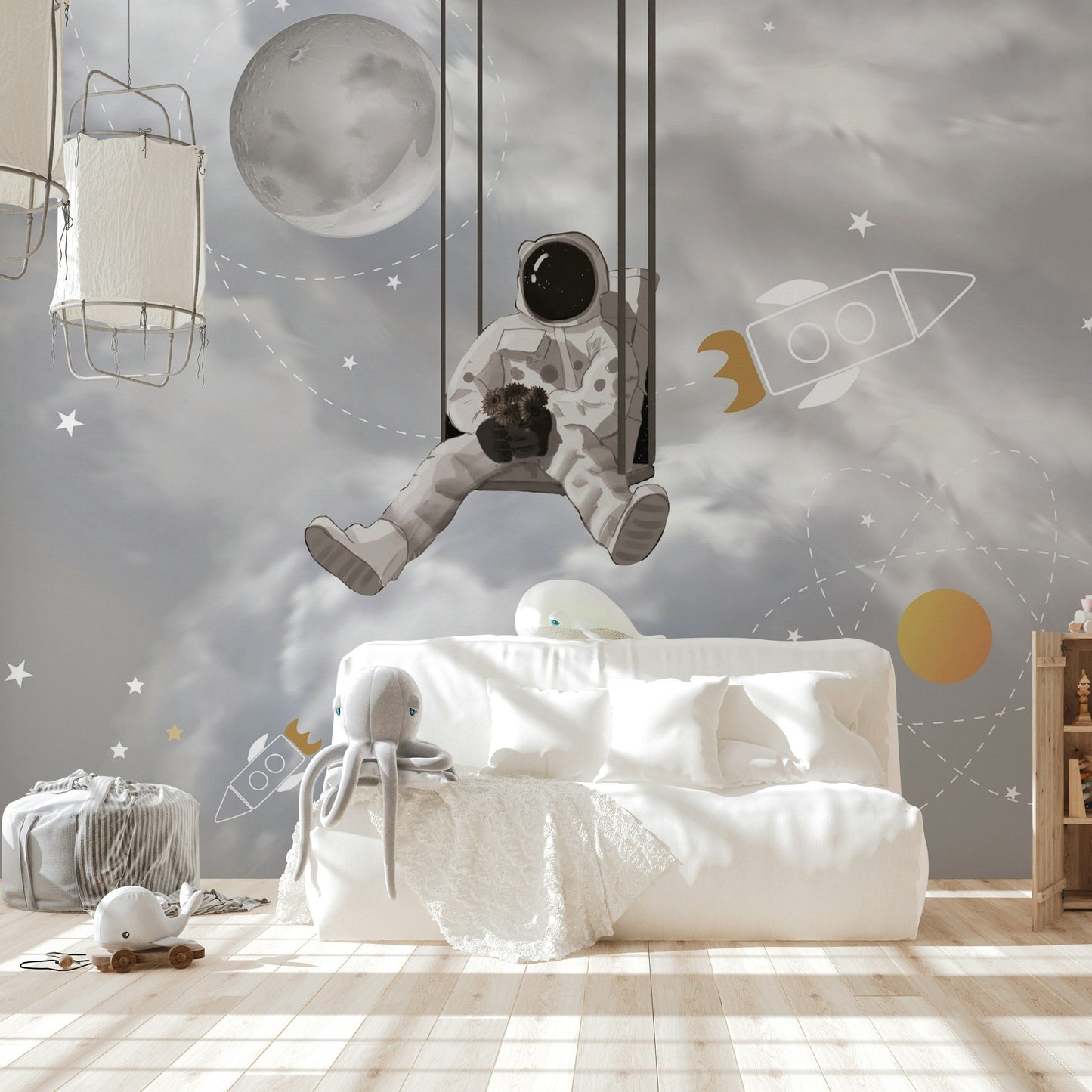 Astronaut Wallpaper Space Swing Moon Rocket Wall Mural