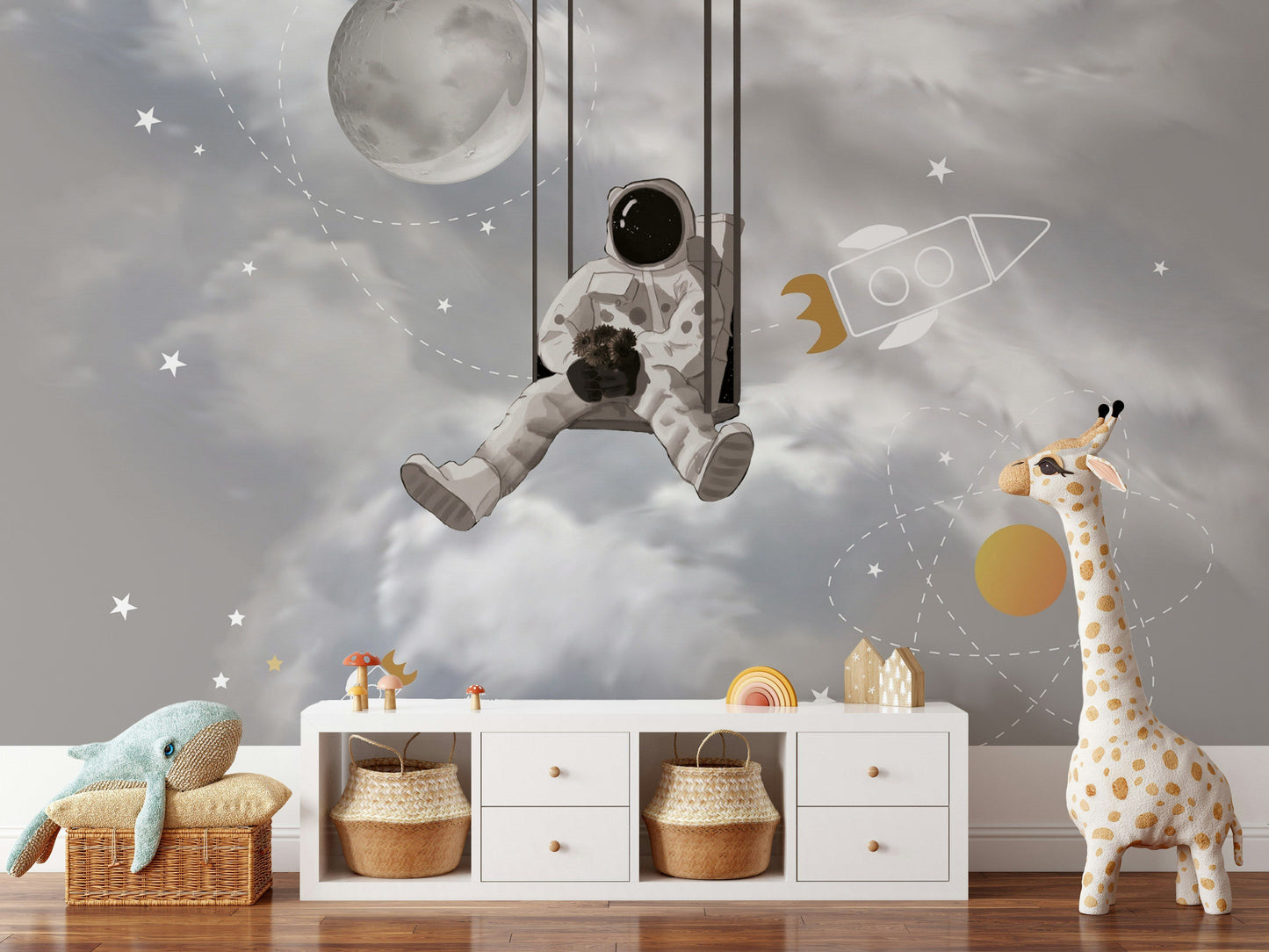 Astronaut Wallpaper Space Swing Moon Rocket Wall Mural