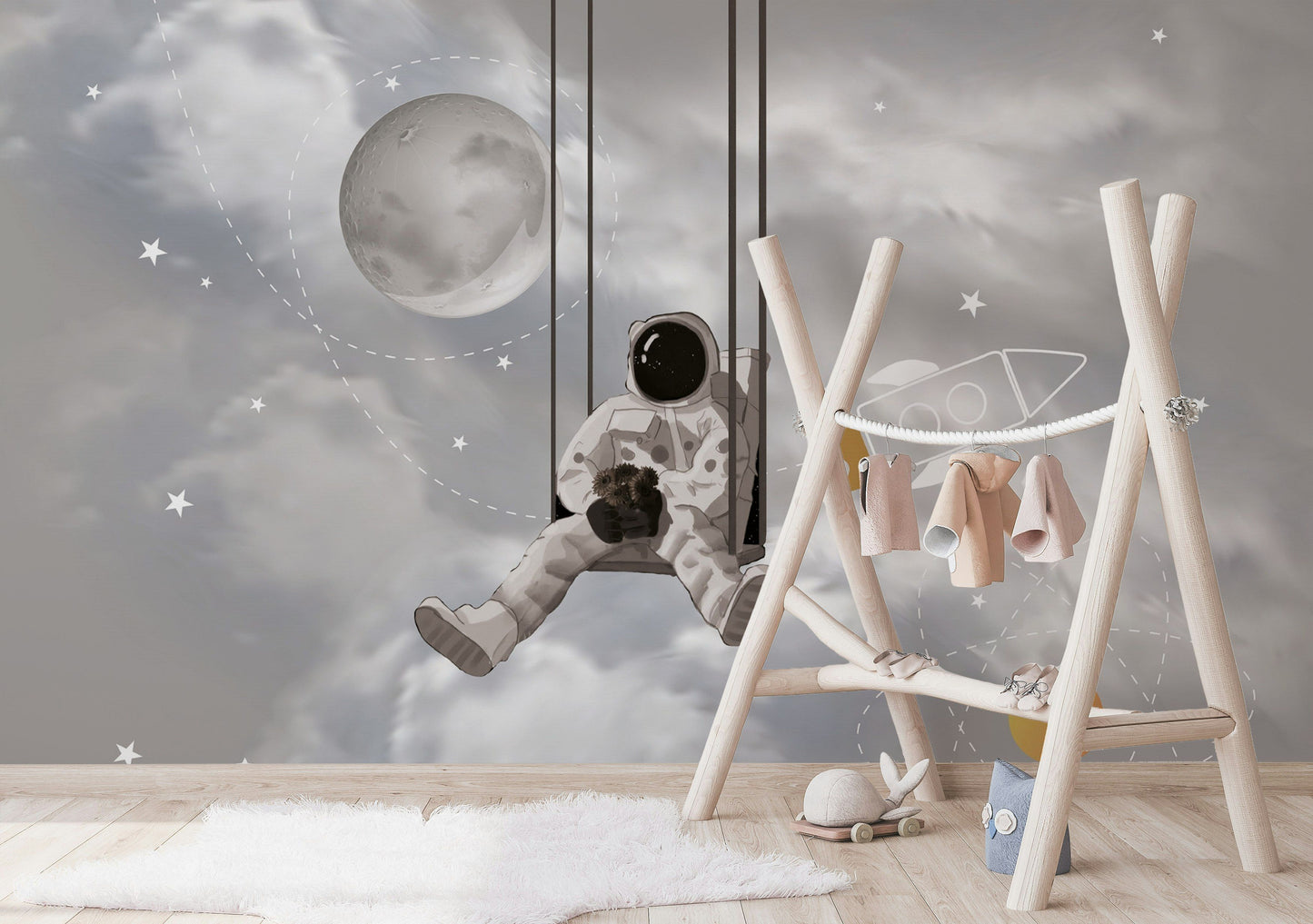 Astronaut Wallpaper Space Swing Moon Rocket Wall Mural
