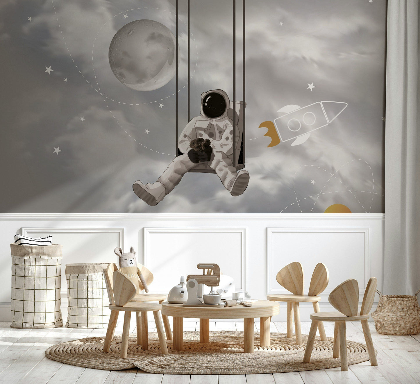 Astronaut Wallpaper Space Swing Moon Rocket Wall Mural
