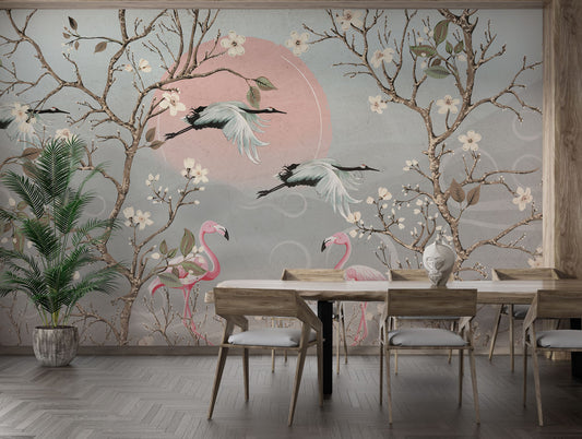 Flamingo Wallpaper Crane Blossom Pink Sun Wall Mural