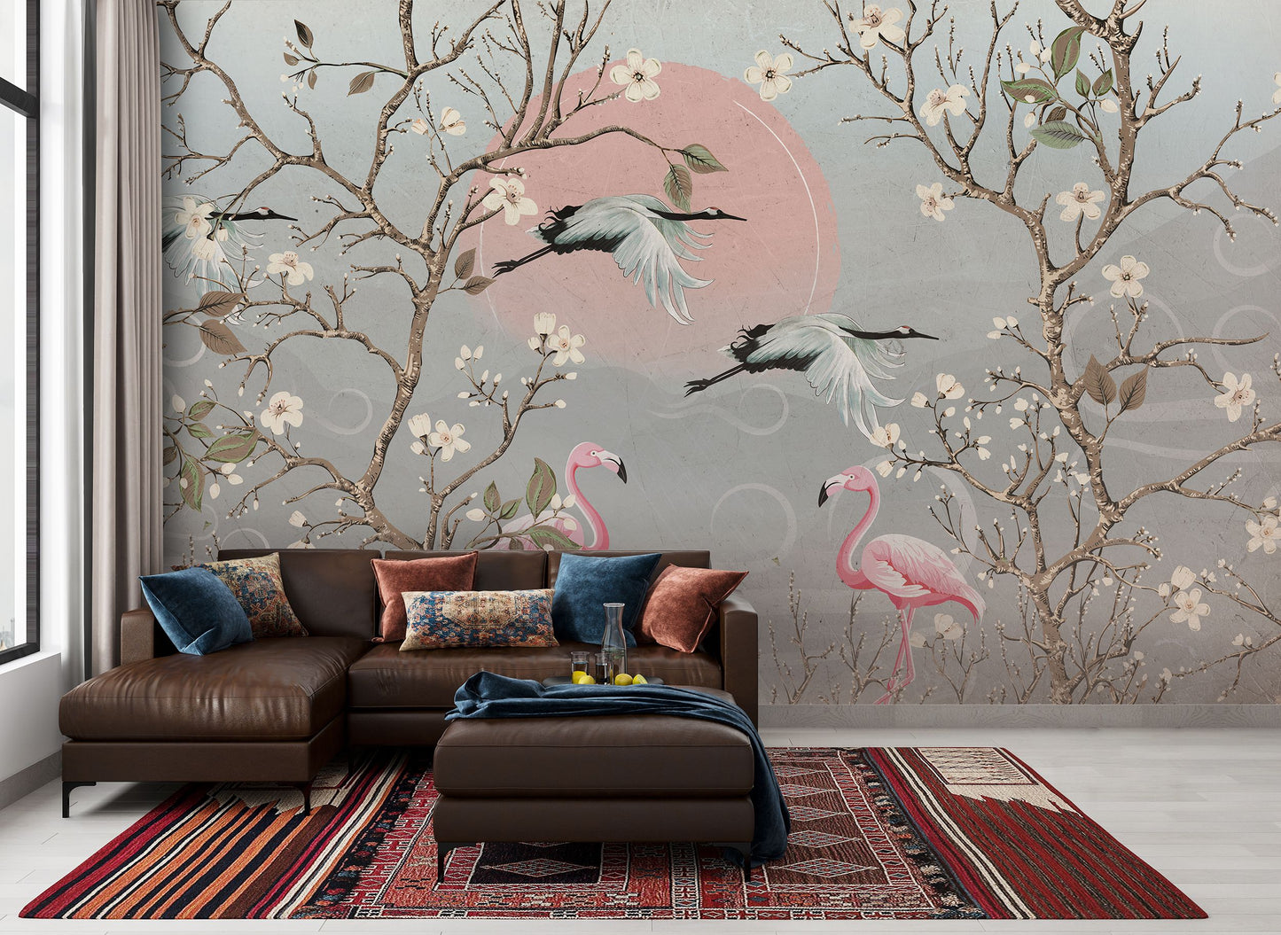 Flamingo Wallpaper Crane Blossom Pink Sun Wall Mural