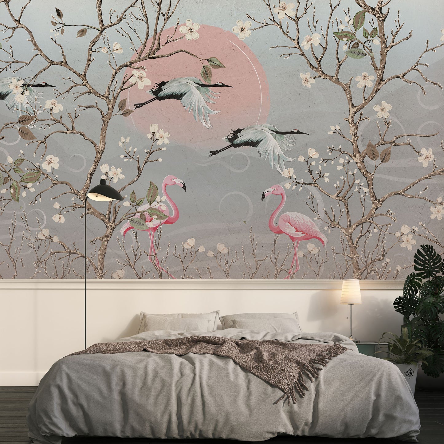 Flamingo Wallpaper Crane Blossom Pink Sun Wall Mural