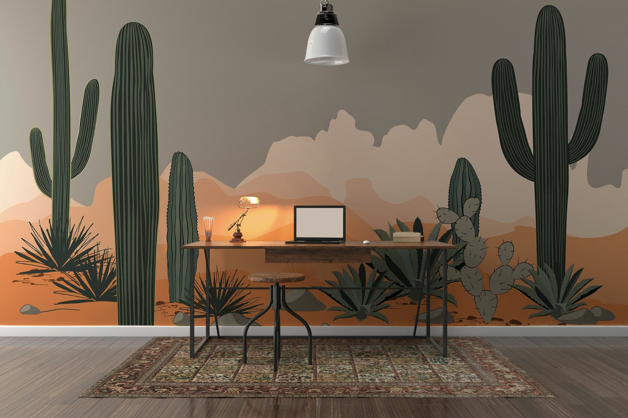 Sage Green Desert Cactus Landscape Wall Mural