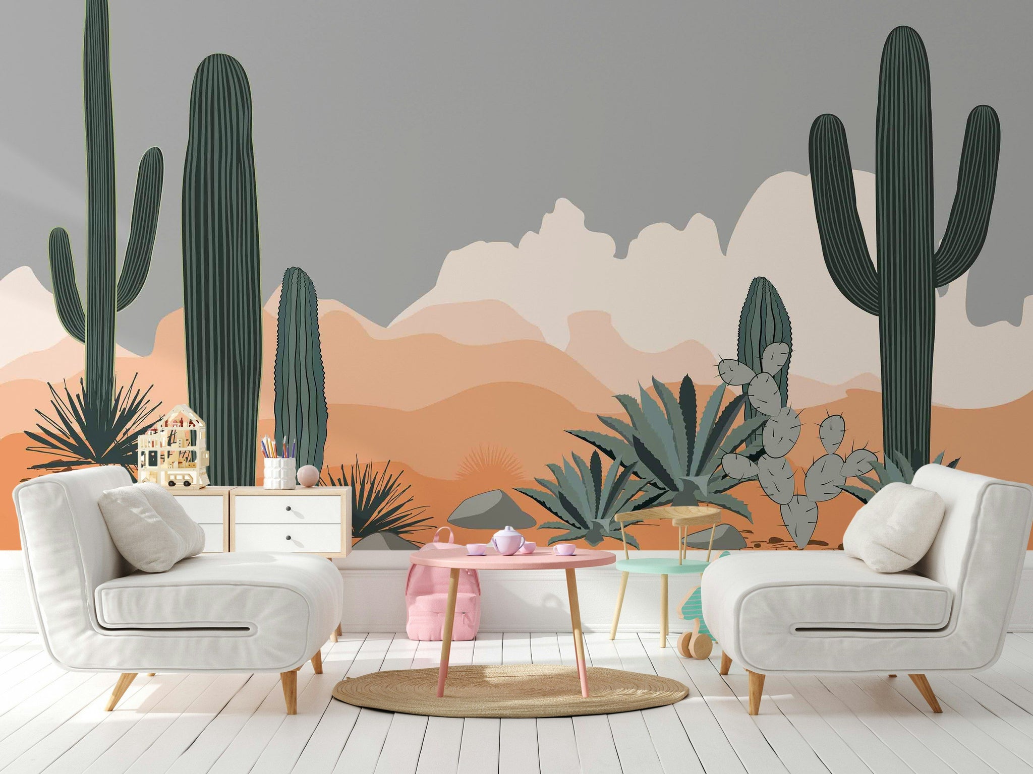 Sage Green Desert Cactus Landscape Wall Mural