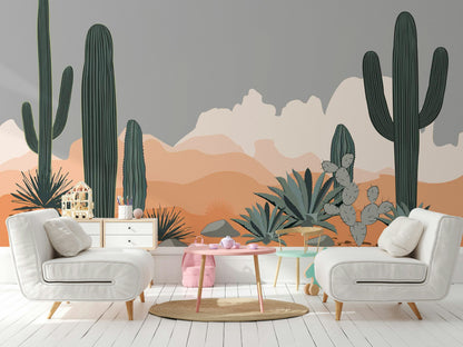 Sage Green Desert Cactus Landscape Wall Mural