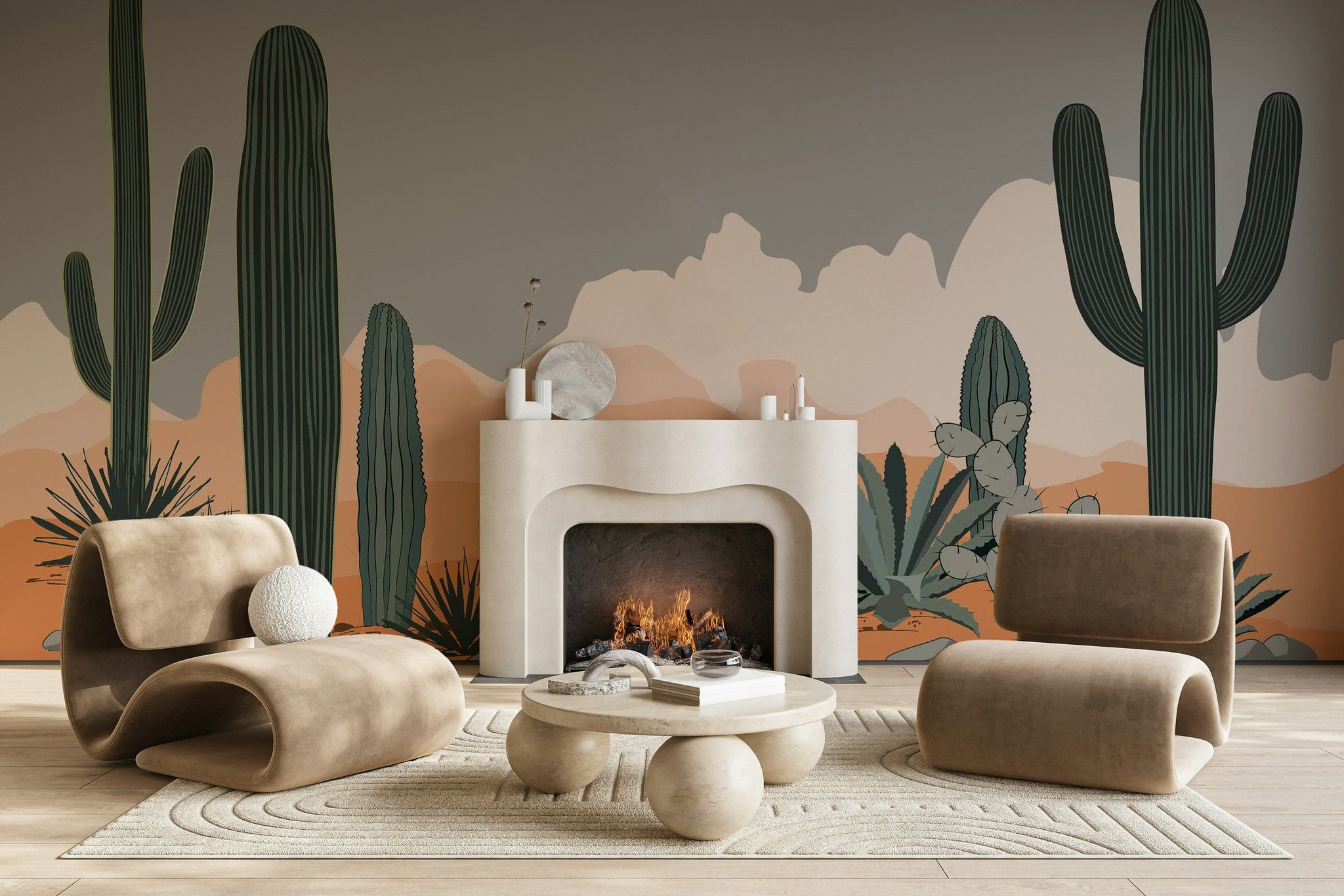 Sage Green Desert Cactus Landscape Wall Mural