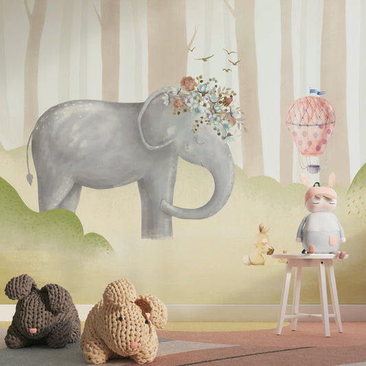 Elephant Wallpaper Bunny Hot Air Balloon Forest Wall Mural