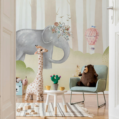 Cream Pastel Elephant and Balloon Kids Wall Mural