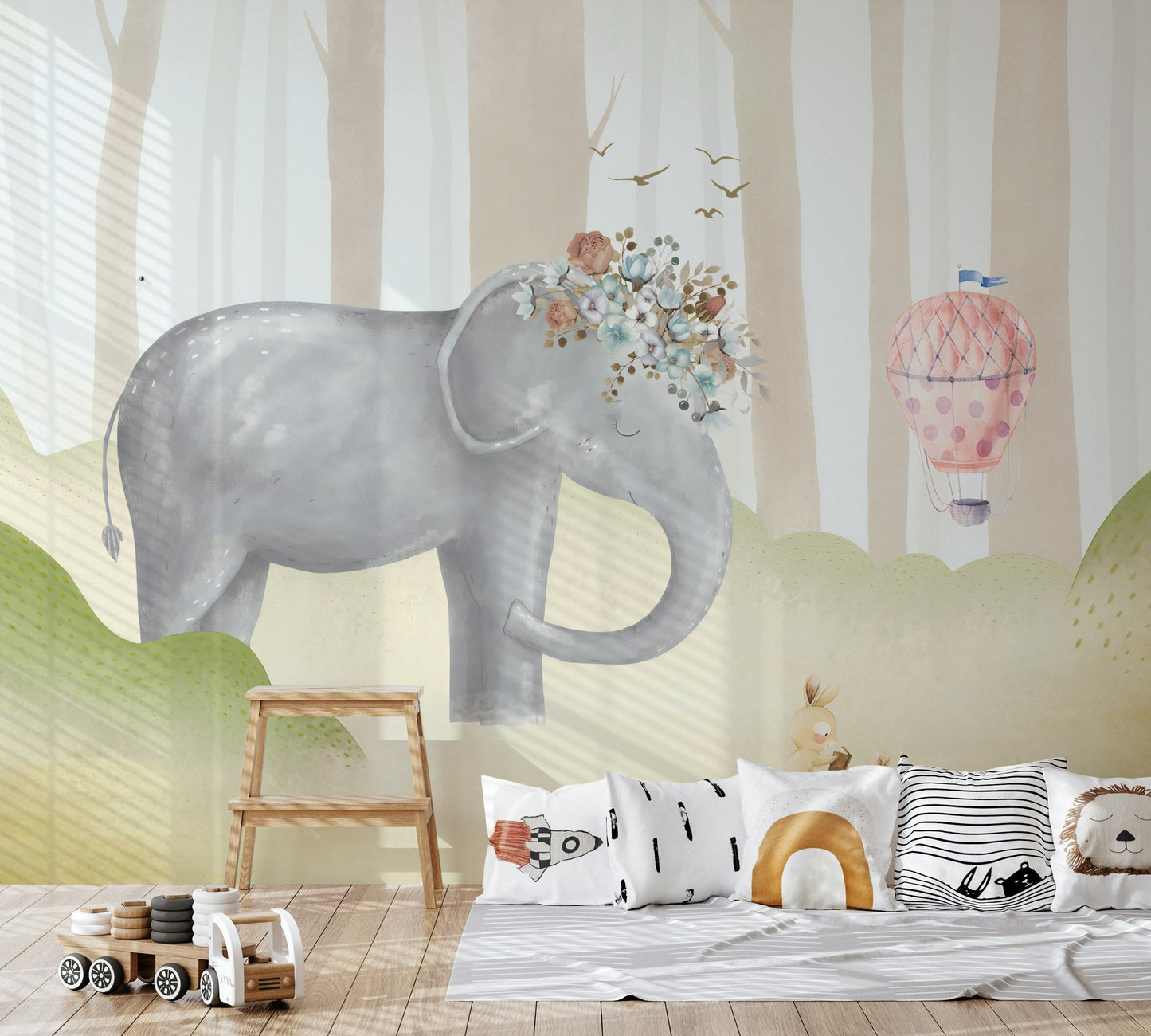 Elephant Wallpaper Bunny Hot Air Balloon Forest Wall Mural