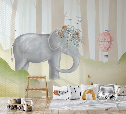 Cream Pastel Elephant and Balloon Kids Wall Mural