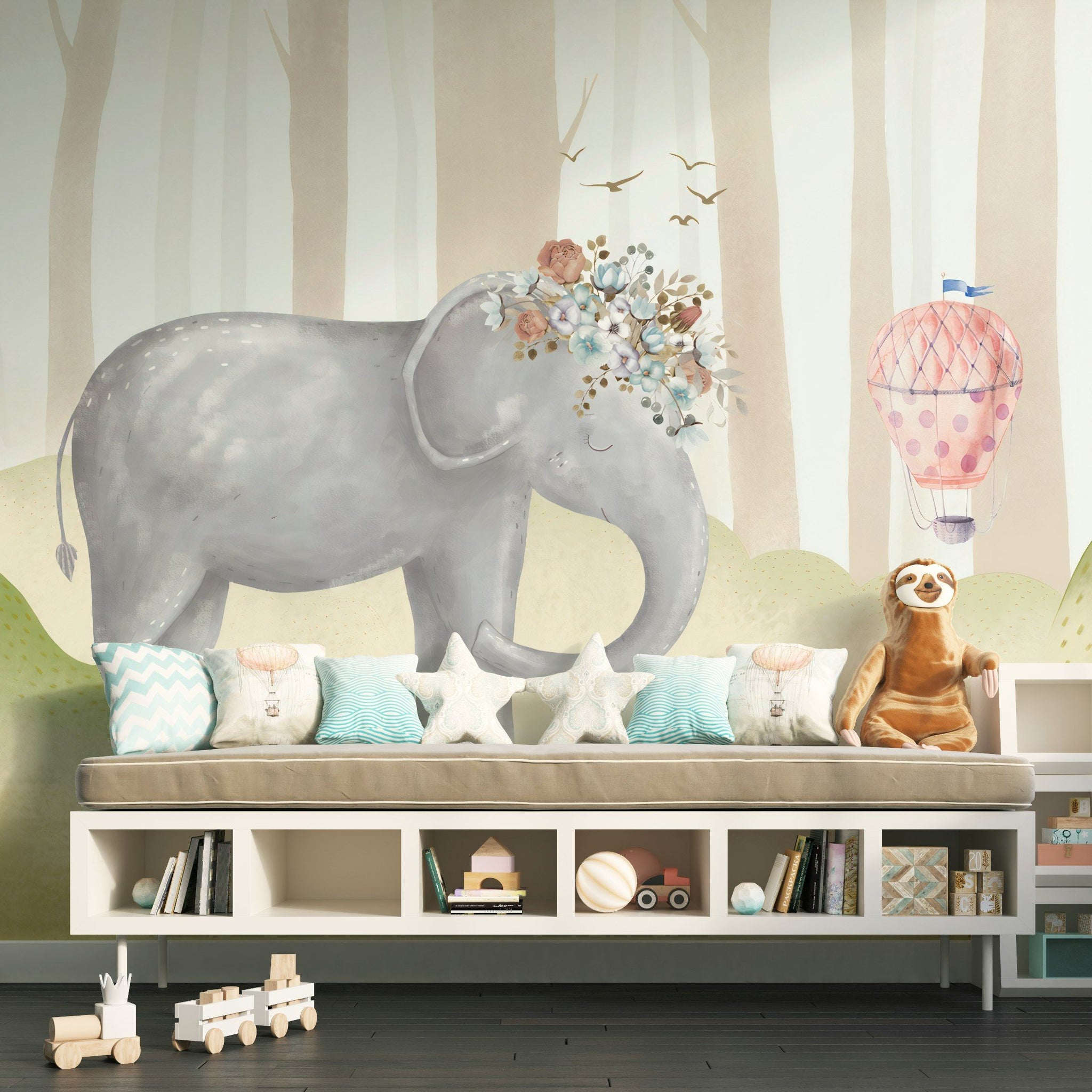 Cream Pastel Elephant and Balloon Kids Wall Mural