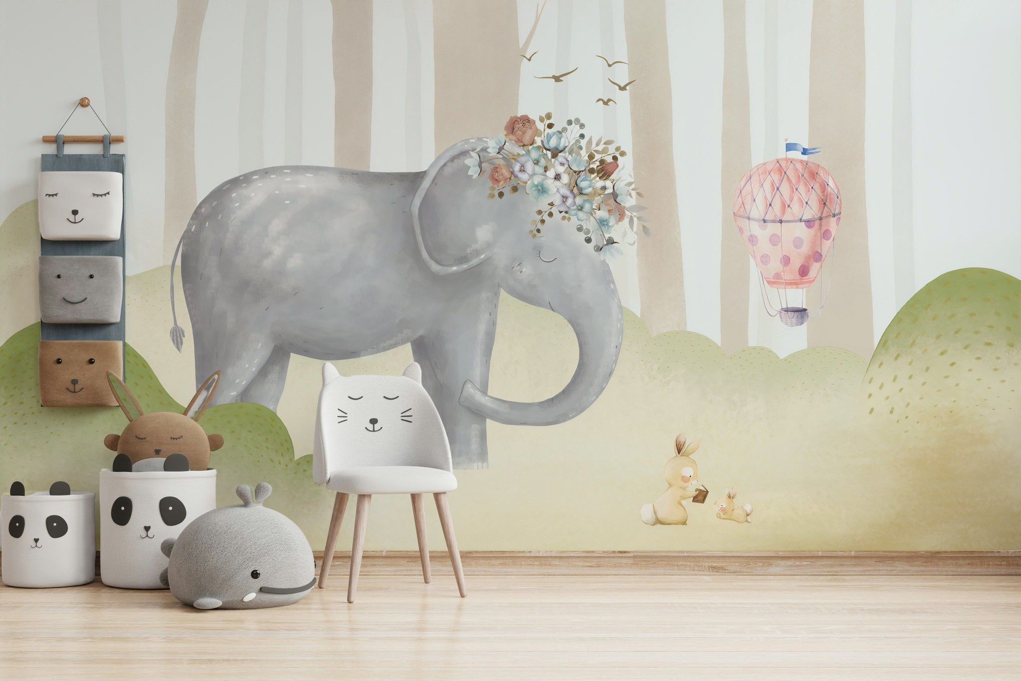 Cream Pastel Elephant and Balloon Kids Wall Mural