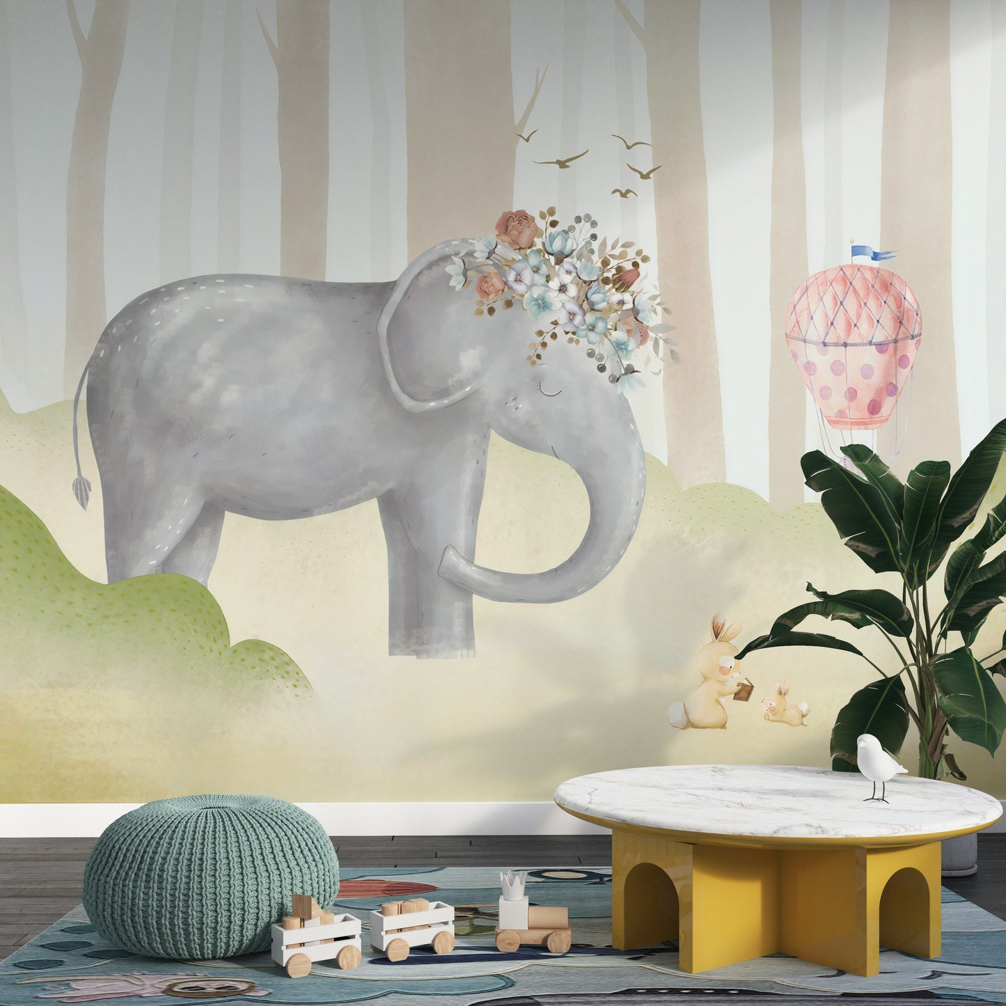 Elephant Wallpaper Bunny Hot Air Balloon Forest Wall Mural