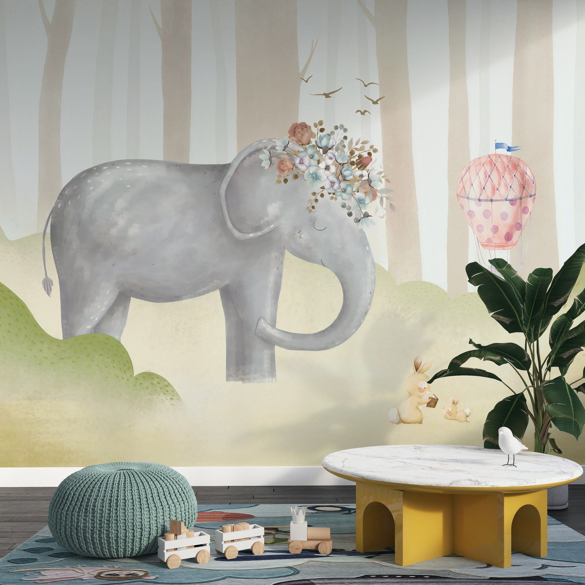 Cream Pastel Elephant and Balloon Kids Wall Mural